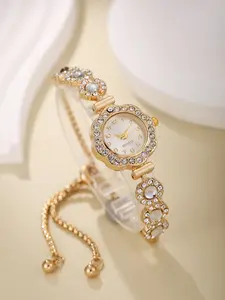 Luxurious Diamond Ladies Watch Set, Multi-Color Dial, Adjustable Pearl Fringe Strap, Vintage Elegant Wristwatch, All Seasons