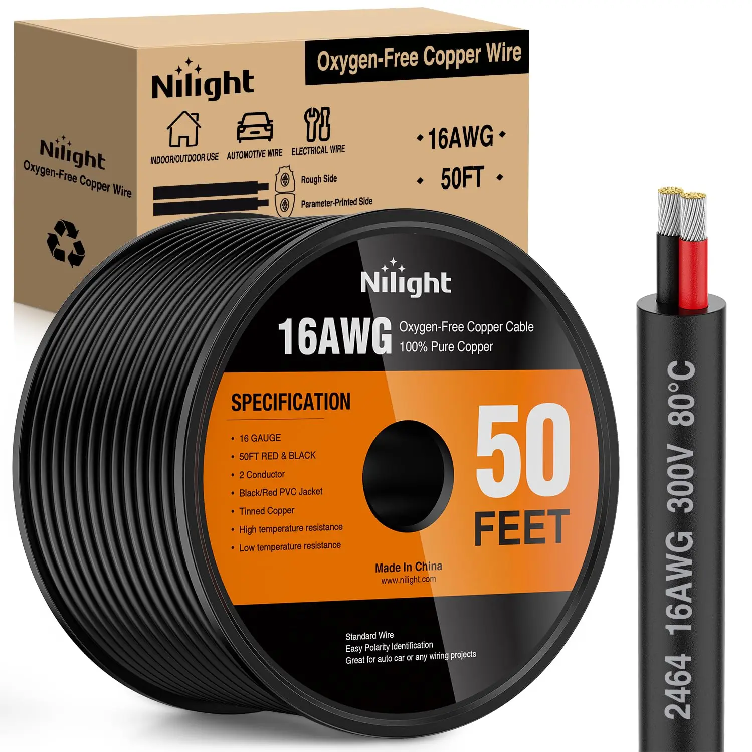 Nilight 50FT 16AWG Oxygen-Free Copper Electrical Wire, Red-Black Stranded PVC Cord, 2-Conductor Parallel 300V DC Flexible Extension Cable, High Conductivity, High Temperature Resistance for LED Lights, Automotive Use, Outdoor Garden Direct Burial