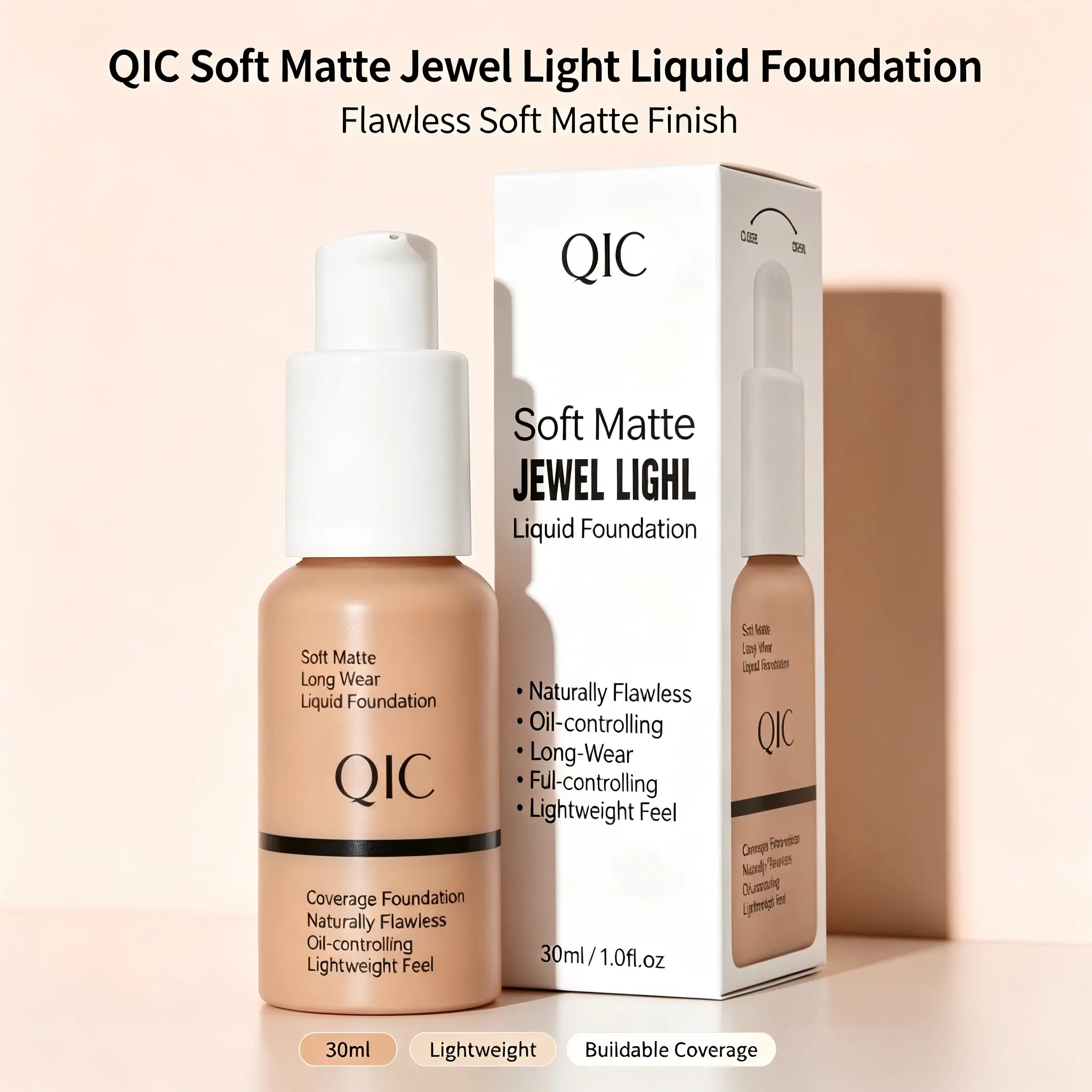 QIC Soft-Finish Liquid Foundation, moisturizing and concealing for oily skin, lightweight finish that isn’t heavy, suitable for everyday makeup and dates, 30 ml, evens skin tone, flawless base, reduces dark spots, restores a youthful look, nourishes the s