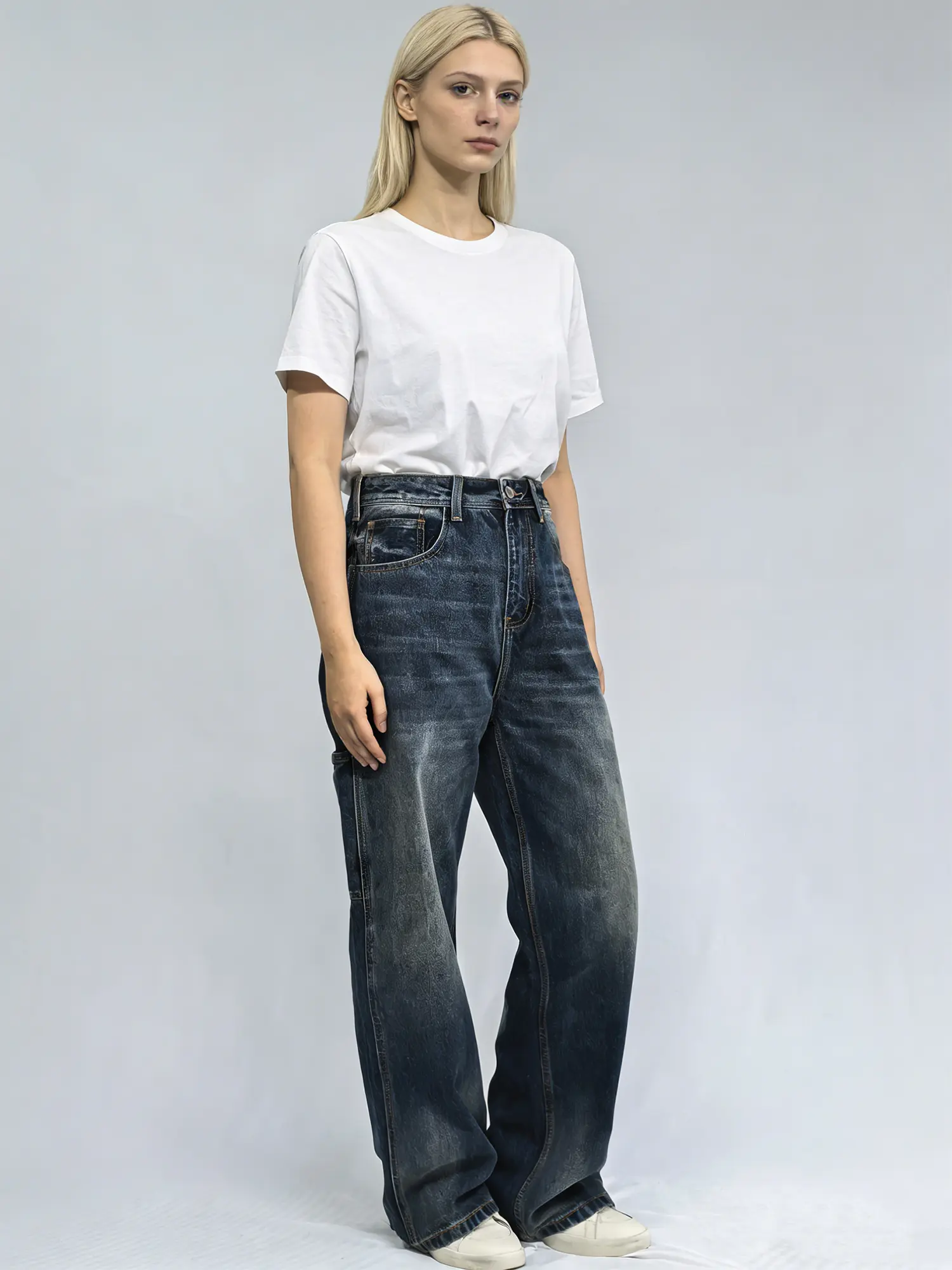 Lux Lee Jeans for Women - Basic Baggy Dad Cargo Bottom in Vintage Whisker Washed Denim with Utility Pockets