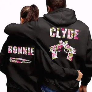 Bonnie Clyde Couples Matching Graphic Hoodie Casual Streetwear Fleece Fabric Pullover Hooded Sweatshirt Trendy Tops for Women for Men Perfect Valentine’s & Anniversary Gift