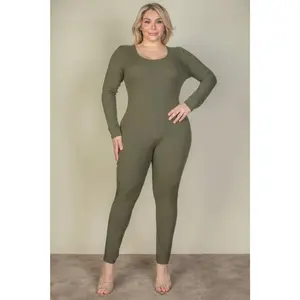 Plus Size Ribbed Scoop Neck Long Sleeve Jumpsuit
