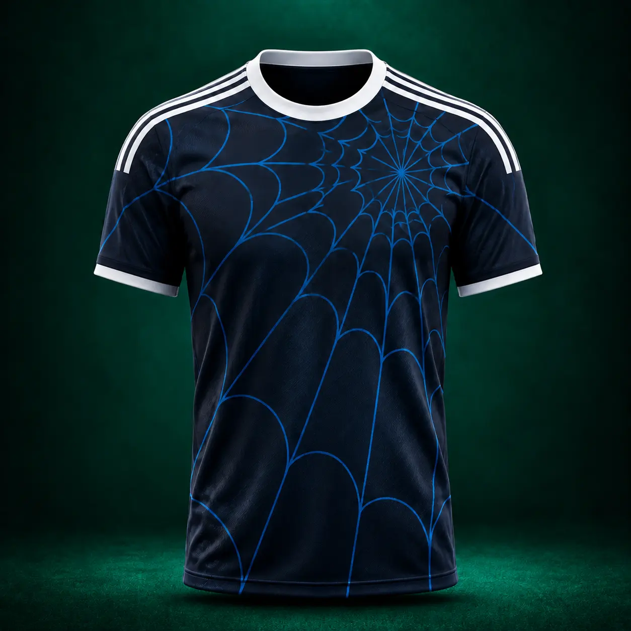 Navy Blue Web Pattern Soccer Jersey – Unisex Short Sleeve Football Shirt with White Shoulder Accents, Crew Neck Athletic Sports Top for Training, Match Day, Stadium Events, Outdoor Activities and Casual Wear