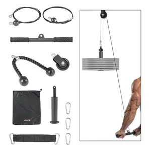 VEVOR Pulley System, 1 PC LAT and Lift Pulley System, Gym Rack Pulleys Attachment with two Steel Cables, Short Bar, Dual Grip Handles, Cable Machine for Bicep, Shoulder, Back, Up to 280 lbs Capacity