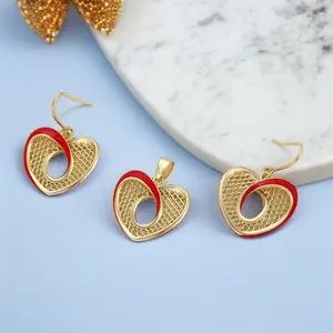 14K Gold Plated Red Enamel Mesh Heart Pendant & Dangle Earrings Set