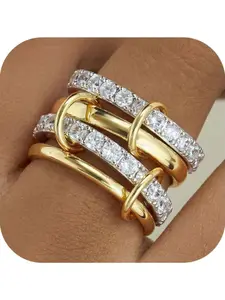 1 Pc Unisex Golden Silvery Interlocked Stack Ring Set for Women Men Premium Copper Multi-band Rings Shiny 3A Zirconia Eye-catching Glossy Texture Delicate Interlocked Design Unique Statement Aesthetics Comfortable Wear Long-lasting Trendy Chic Style