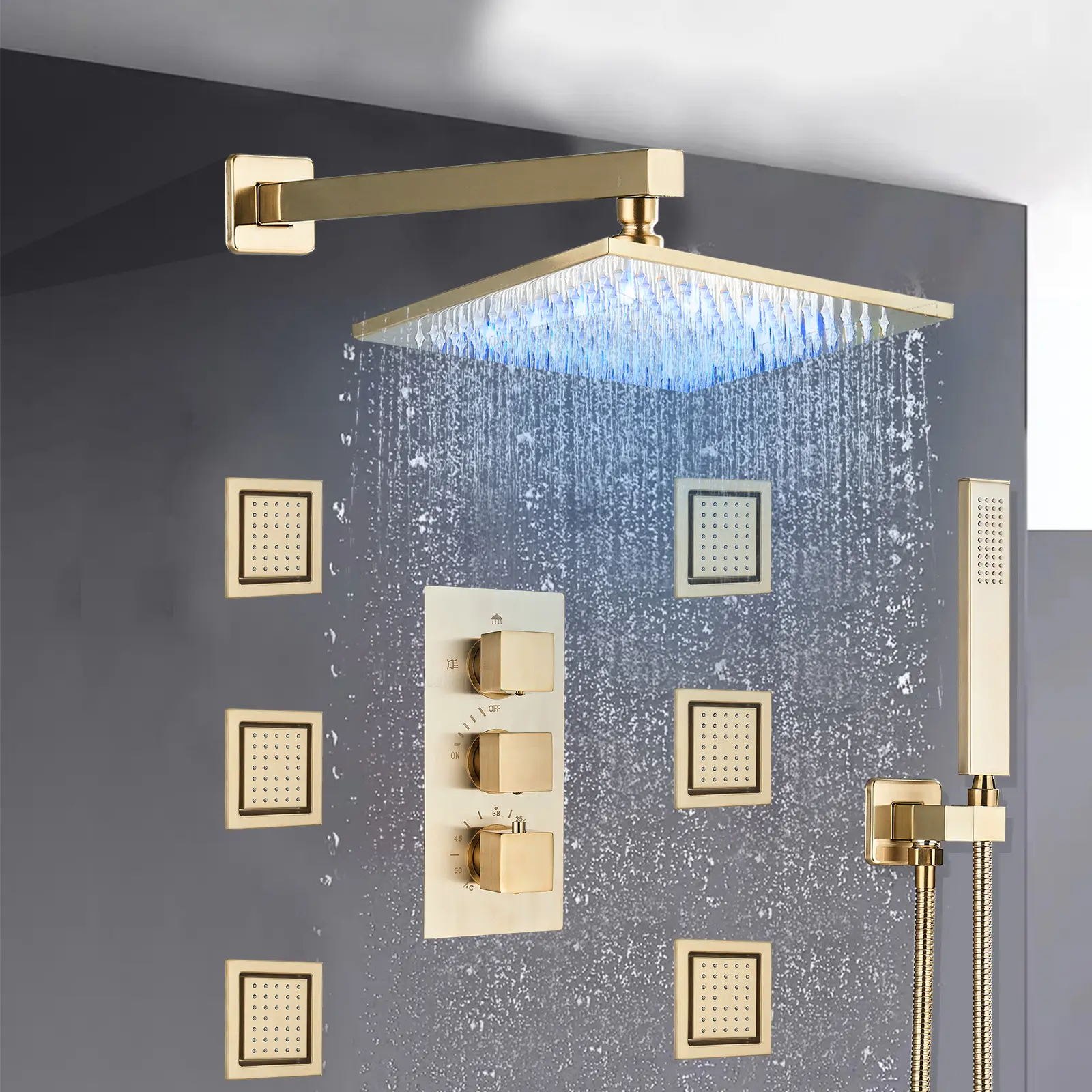 Brushed Gold Thermostatic Rain Shower Faucet Set ,12 in Fixed Shower Head Combo with Handheld Spray, Bathroom Body Spray Spa Massage Jets and Valve Kit