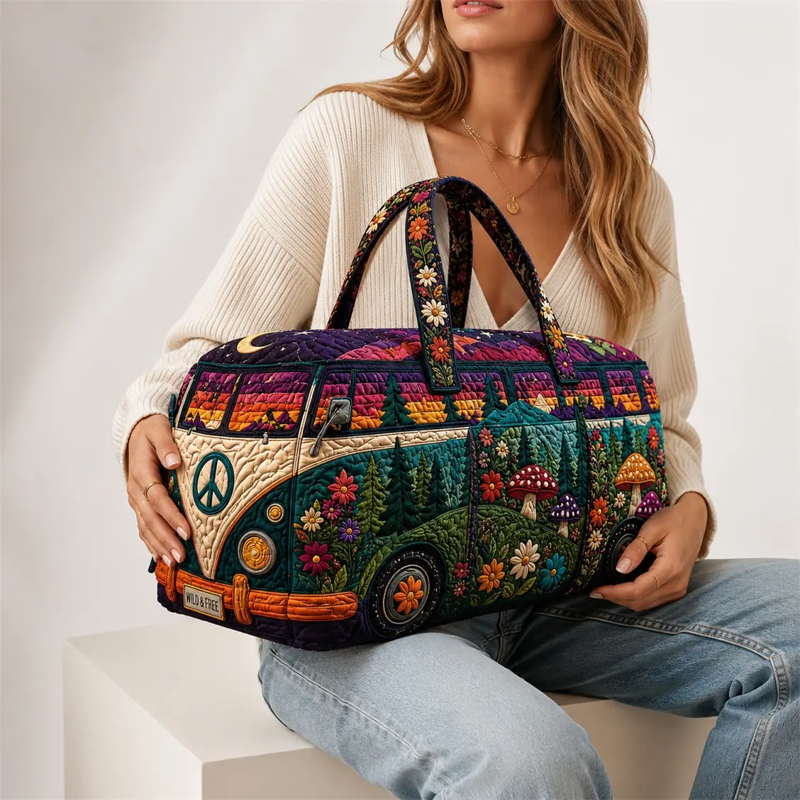Women's Retro Hippie Van Quilted Duffel Bag - Boho Forest Mushroom Dual-Purpose Carry-On Overnight Travel Bag, Large Capacity Weekender Tote for Camping, Road Trips, Carry-On Travel Bags, Dual-Purpose Travel Bags