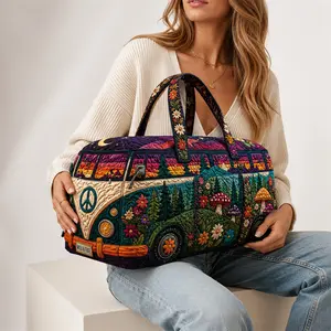 Retro Hippie Van Quilted Duffel Bag for Women, Boho Forest Mushroom Weekender Travel Bag, Large Capacity Overnight Carry On Tote for Camping, Road Trips, Gym, Vacation & Weekend Getaways