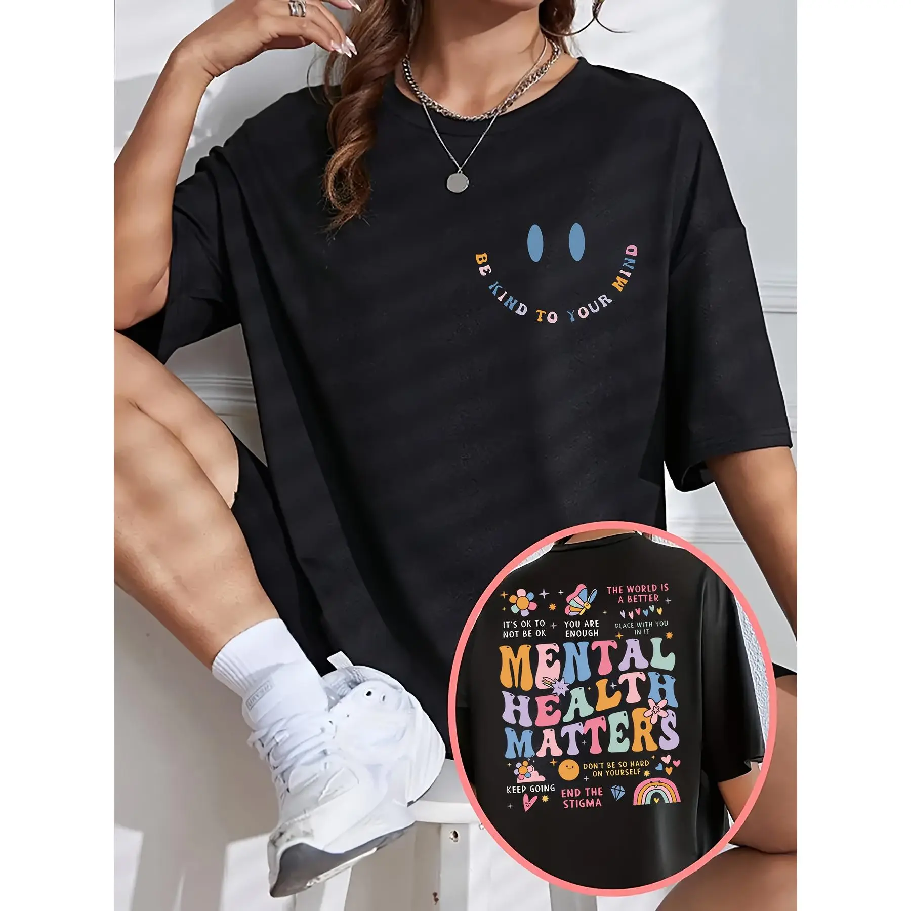 Alphabet printed T-shirt, short-sleeved round neck casual top, for summer and spring, women's plus-size clothing