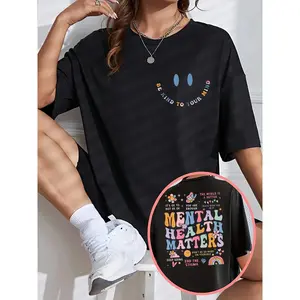 Alphabet printed T-shirt, short-sleeved round neck casual top, for summer and spring, women's plus-size clothing