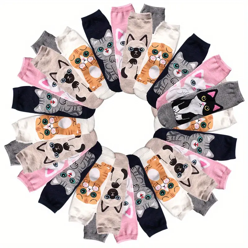 Women's Thin Knitted Animal Mid-Calf Socks, Multicolored Cute Cartoon Cat & Puppy Designs, 10/20/30-Pair Sets, Ideal for Spring & Autumn Wear, Animal Socks, Knitted Socks