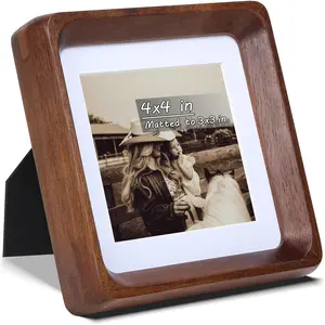 Square 4x4 Picture Frame with Mat for 3x3, USA-Sourced Natural Walnut Wood Handcrafted Rounded Corner with Real, Vertical or Horizontal Display Photo Gallery Wall & Tabletop Frame