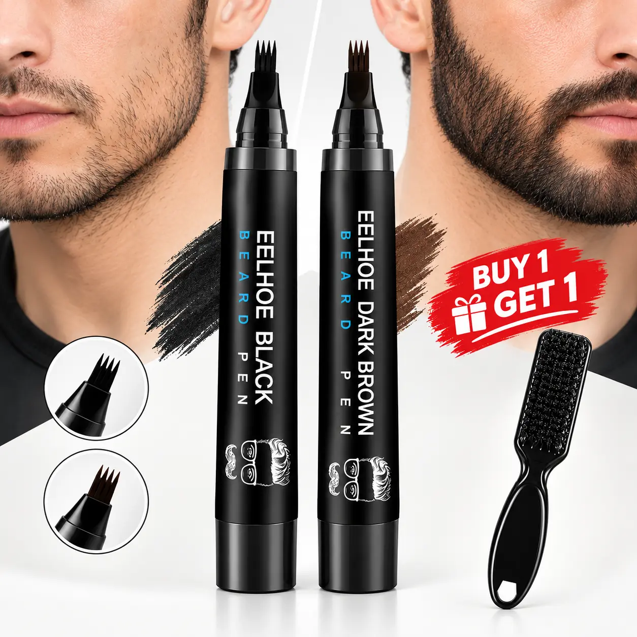 Beard Filler Pen with Brush for Men, Waterproof, Sweatproof & Long-Lasting, Natural 4-Tip Hair-Like Strokes for Beard, Mustache, Brow & Hairline, Covers Patchy Beard, Men's Daily Grooming