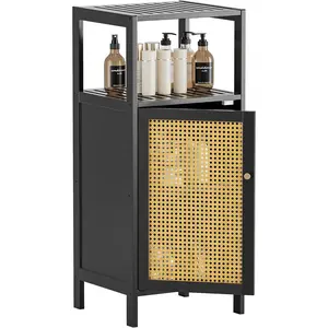 Floor Cabinet, Small Bathroom Storage Cabinet with Single Rattan Door, Narrow Side Storage Organizer Unit Freestanding Space Saving Kitchen Cupboard, Black