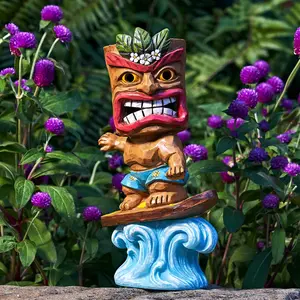 Solar Tiki Statue Outdoor Decor-Tiki Bar Decor-Garden Tiki Surfing Statues Waterproof Decoration Figurine for Tiki Bar,Patio,Balcony,Yard,Lawn,Table,Desk 9.92 Inches Tall