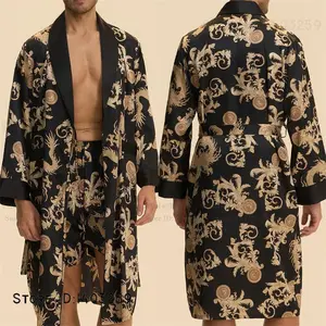 Plus Size Men's Sleepwear 2PCS Robe Pajamas Set Print Dragon Kimono Bathrobe Gown Spring Summer Nightwear Silk Satin Homewear