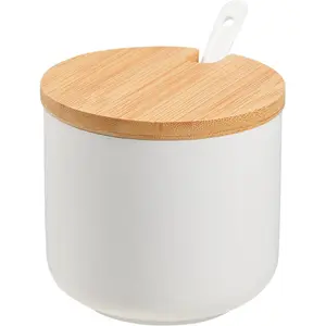 White Sugar Bowl with Lid 10oz Ceramic Sugar Bowl Salt Cellar with Lid and Spoon Salt Jar for Seasoning Sugar Container with Spoon