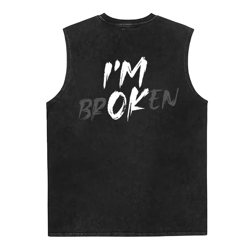 Men's Cotton Vest with "I'm Broken I'm OK" Graphic, Casual Lightweight Menswear Top with Smooth Seamless Fabric