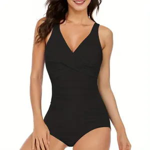 Women's One Piece Swimsuits, Tummy Control Bathing Suits, V Neck Cross Ruched Push Up Swimwear