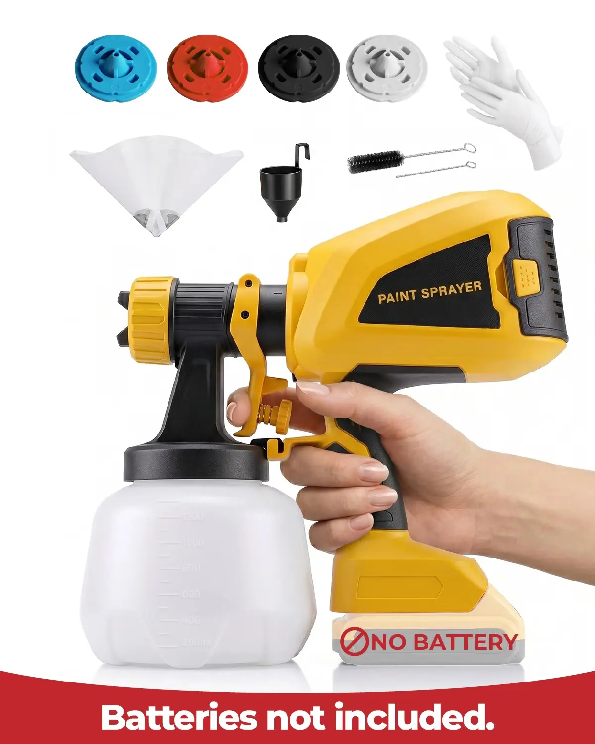 Cordless HVLP Handheld Paint Sprayer (No Battery) - DEWALT 20V Battery Compatible, 50-99W, 1300ml Capacity, 4 Nozzles, Adjustable Modes, Easy Disassembly for Cleaning, 1000ml Container, Indoor/Outdoor Use for Home Renovations, Furniture, Metal Painting