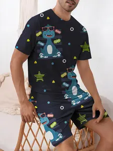 Men's Cartoon Dinosaur Print Tee & Shorts Pajama Two-piece Set, Regular Fit Casual Comfy Round Neck Short Sleeve T-shirt & Shorts, Men's Sleepwear & Loungewear for Summer Shorts Pyjama