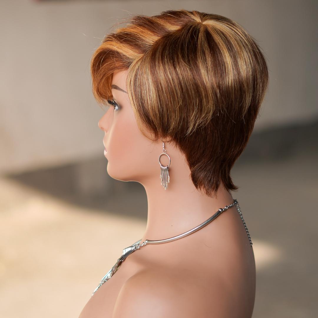 Short Pixie Cut Wig With Bangs, Glueless 180% Density Brazilian Virgin Human Hair, 6 Inch 1B Natural Black Mixed Blonde, Machine Made Wig For Daily & New Year Wear