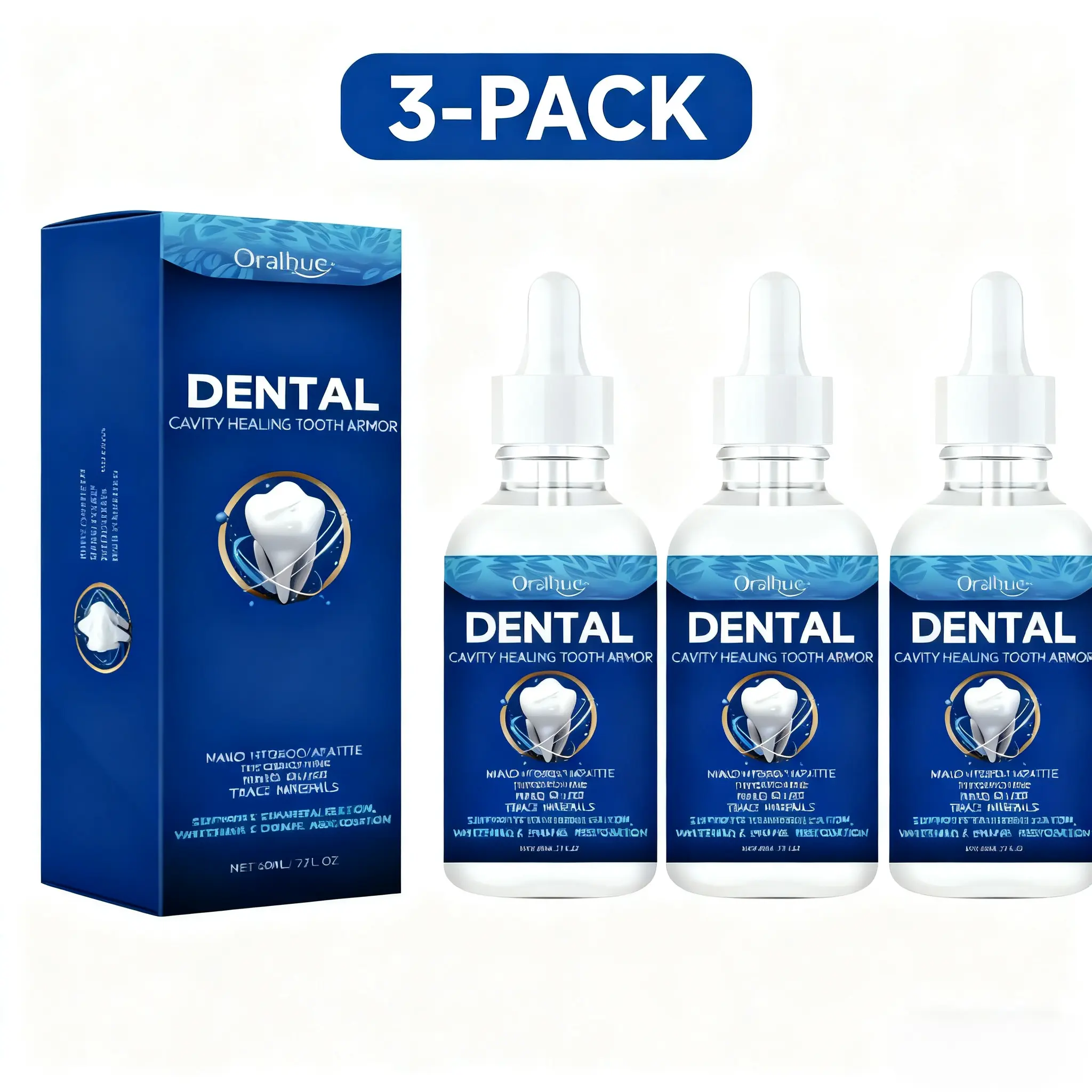 Dental Cavity Healing Tooth Armor Liquid 3-Pack Nano Hydroxyapatite Theobromine Trace Minerals for Remineralization Whitening Enamel Restoration