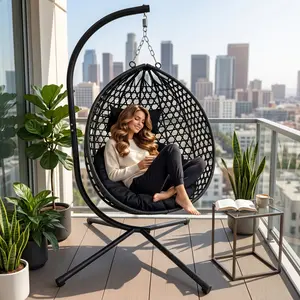 Foldable Hanging Egg Chair with Stand, Oversized Wicker Swing Chair for Indoor Outdoor, Heavy Duty Patio Hammock Chair with Cushion & Headrest, 350LBS Rattan Egg Chair for Bedroom Balcony Garden Adjustable Rattan Hanging Basket Chair