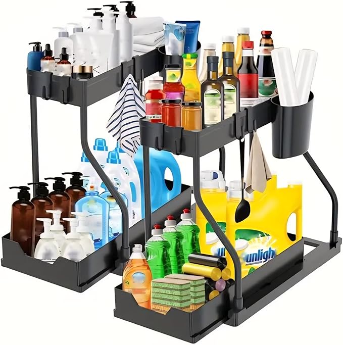 Under Sink 2-Tier Sliding Organizer with Frame, Pull-Out Storage Basket, Space-Saving for Kitchen, Bathroom, Laundry Room