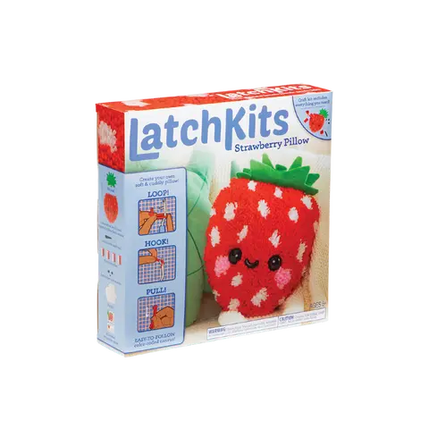 LatchKits Strawberry Pillow - Latch Hook Kits for Kids, Arts and Crafts, Yarn Art, Kids Crafts, Toys for Girls, Birthday Gift for Girls, Easy to Follow Pattern, Hook Included, Craft Kits, Ages 6+