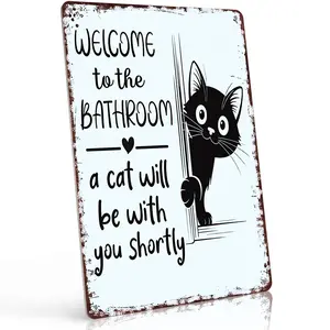 Funny 8x12" Aluminum Bathroom Cat Metal Sign |   Retro Distressed Peeking Black Cat Wall Art |   Pre-Drilled Holes for Quick Mount |   Ideal for Cat Lovers & Humorous Bathroom Decor