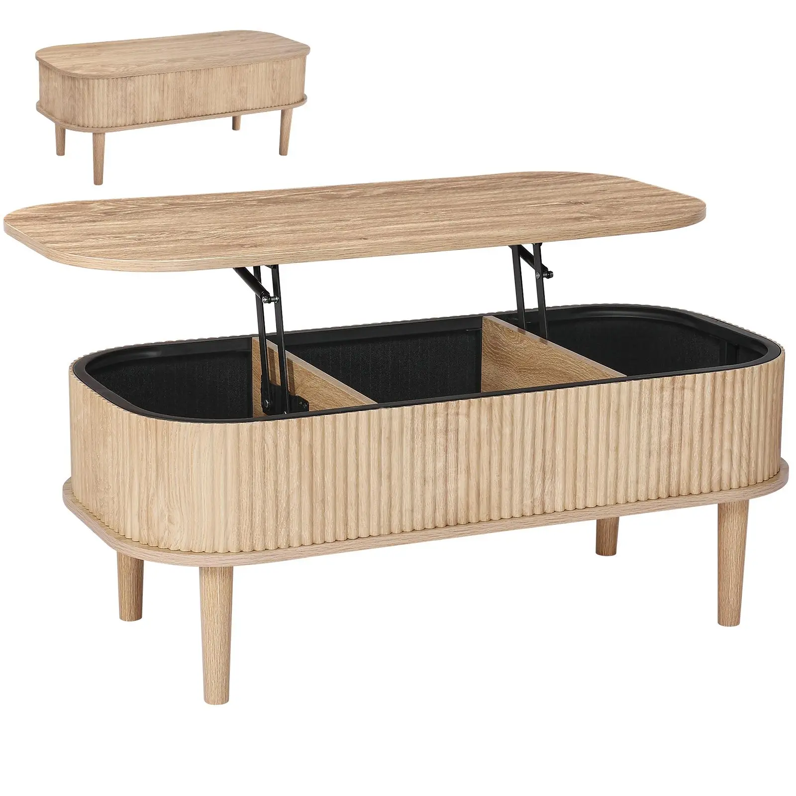 VEVOR 39.4in Pine Burlywood Lift Top Coffee Table Living Room, Fluted Oval Mid-Century Modern Wooden Center Desk with 21.5in Work Lift, 25lb Capacity, 3 Hidden Compartments, Easy Assembly, Space-Saving Furniture