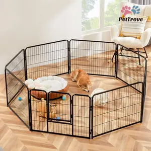 PetTrove Dog Playpen Indoor - Pet Fence Puppy Exercise Pen for Yard Gate 8 /16 Panel 24”/32 ”/48” Height Heavy Duty Crates with Doors Metal Dog Pen for Camping, RV, Outdoor, Small/Medium Pets