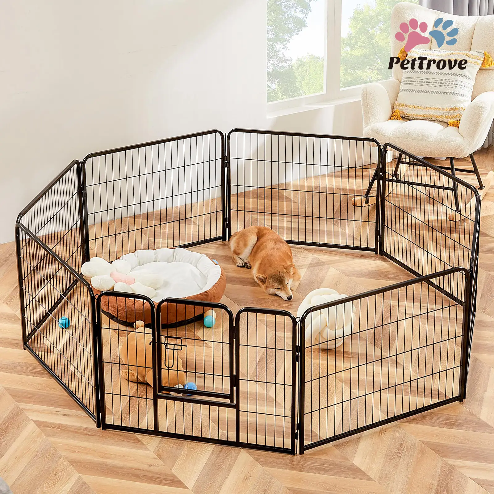 PetTrove Dog Playpen Indoor - Pet Fence Puppy Exercise Pen for Yard Gate 8 /16 Panel 24”/32 ”/48” Height Heavy Duty Crates with Doors Metal Dog Pen fo