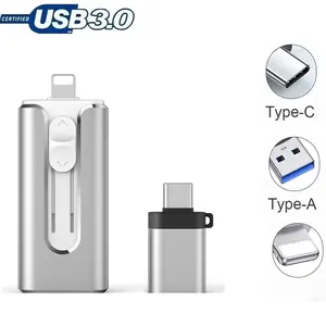 USB 3.0 Flash Drive 64GB/128GB/256GB/512GB/1TB Multi-Purpose Storage Memory Stick Pen Drive Thumb Drive 4 in 1 Micro USB Stick for iPhone iPad iOS Android OTG Type C