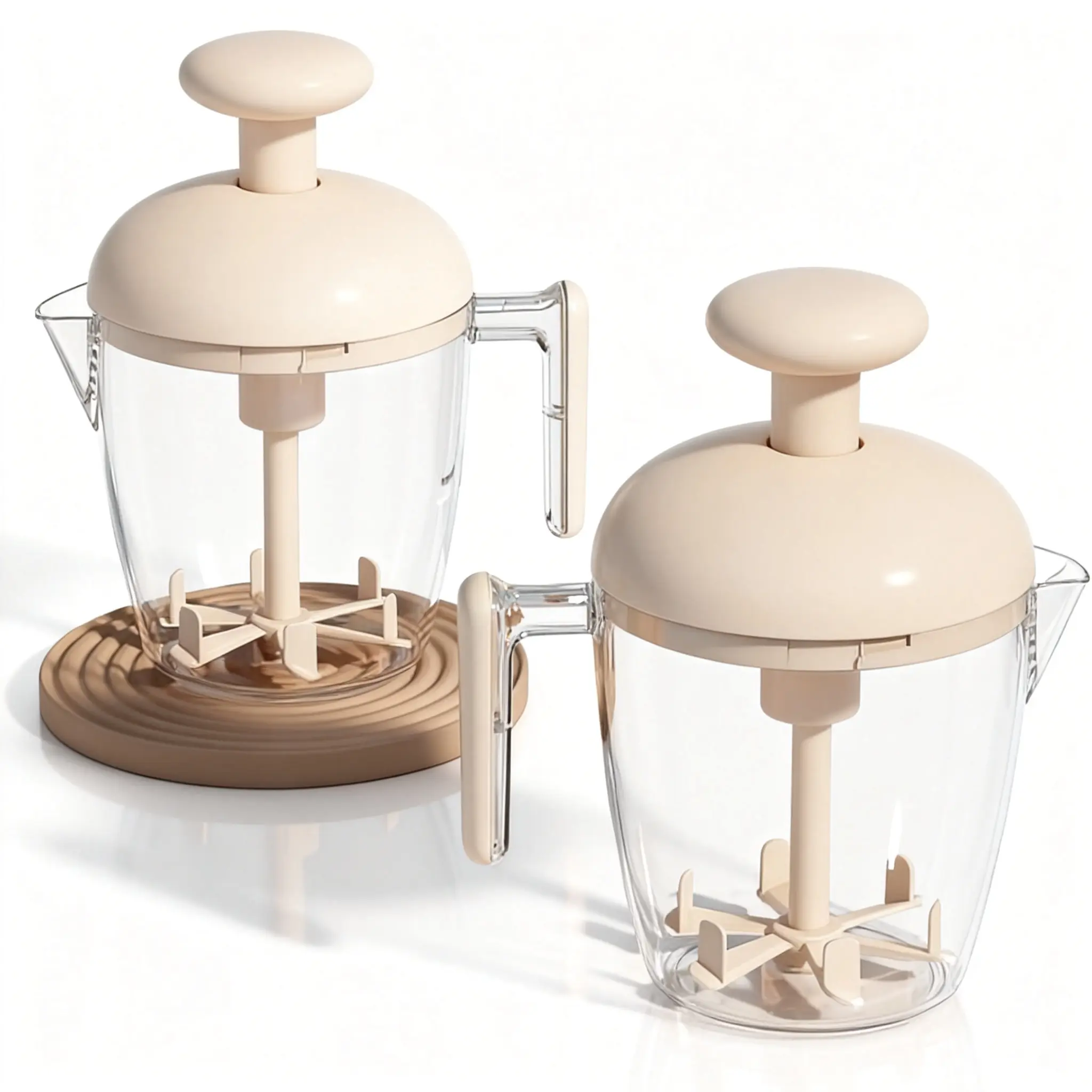 Beige Hand Push Rotary Egg Mixer Cup, Ergonomic Multi-Blade Press-Type Manual Whisk with Built-In Mesh Strainer to Filter Excess Foam, Versatile Kitchen Blending Tool for Egg Beating & Milk Frothing