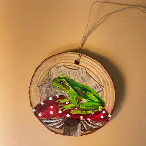 Frog on a toadstool cap ornament - original painting on wood Hanging Decor