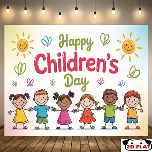 2D Flat Party Banner 1pc, Happy Children's Day Banner - Vibrant Cartoon Kids & Sun Design, Durable All-Season Party Backdrop for Home Wall Decor, Room Decorations, Photo Props Daycare De, 2D Flat