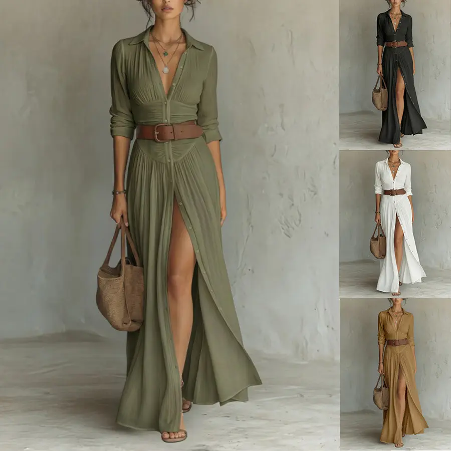 Women's V-Neck Comfortable Everyday Maxi Dress - Casual Loose-Fit Gown with Quality Fabric, Stylish High Side Split, Style