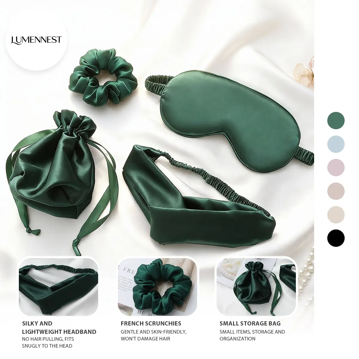 KatchMe LUMENNEST Women's Silk 4PCS Solid Color Sleeping Set, Comfort Satin Eye Mask Headband Scrunchies with Storage Bag Portable 4 Pieces Set