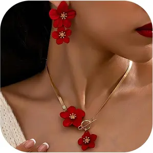 Flower Earrings Necklace Set Spring Flower  Big Statement Earrings Summer Vacation Charm Necklace Beach Vacation Essentials