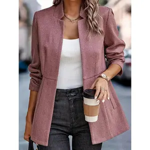 Women'sHerringboneFrontBlazer-BusinessCasualLongSleeveWorkJacketwithFullLiningandThickenedShoulders