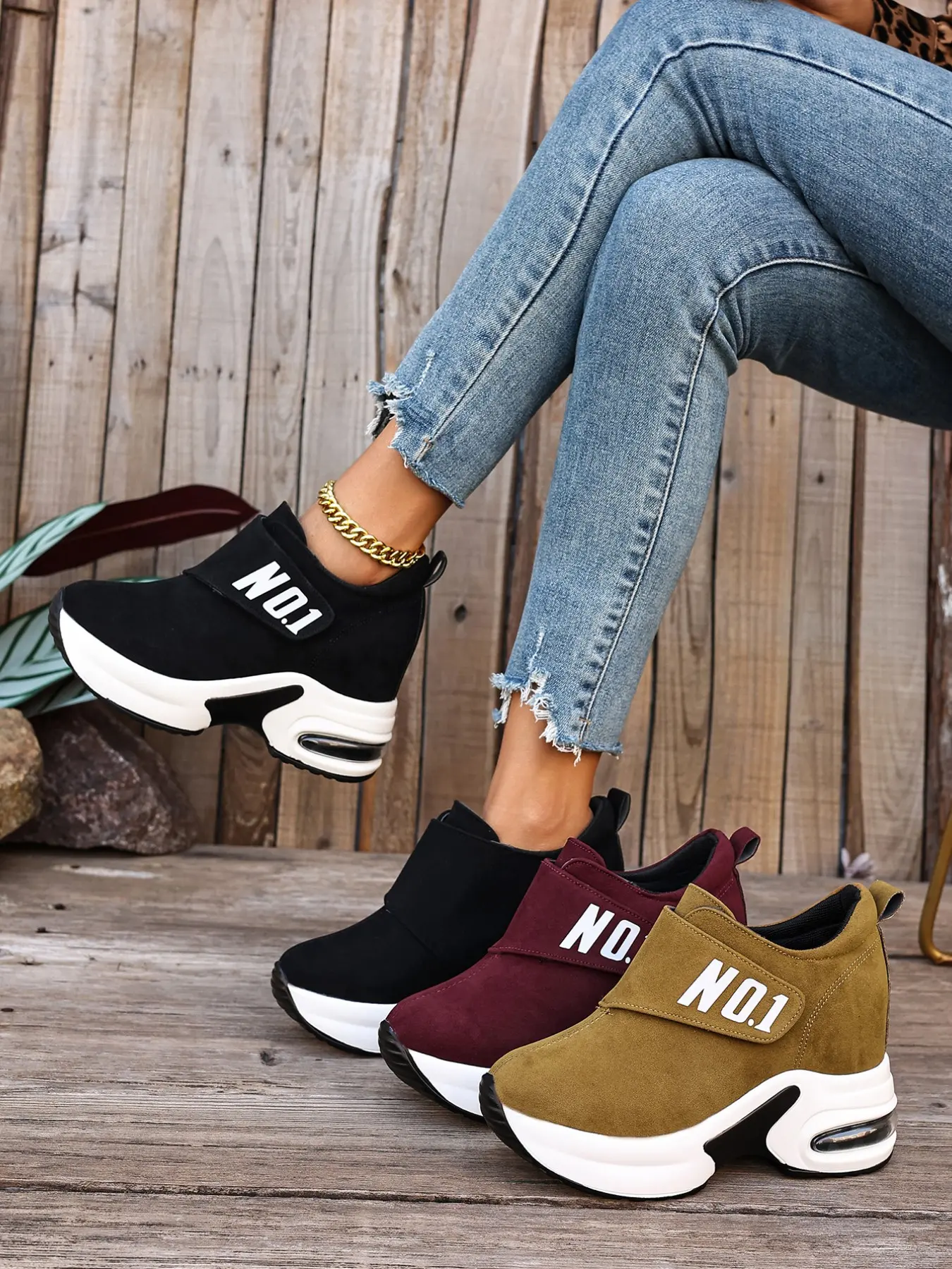 No.1 Magic Tape Height Increase Casual Shoes, Air Cushion Thick Sole Trendy High Top Women's Shoes, Street Style Dad Shoes, 2026 New Fashion, Sneaker, Walking Shoes, Footwear, Chunky Casual Trainers, Thick Soled Shoes