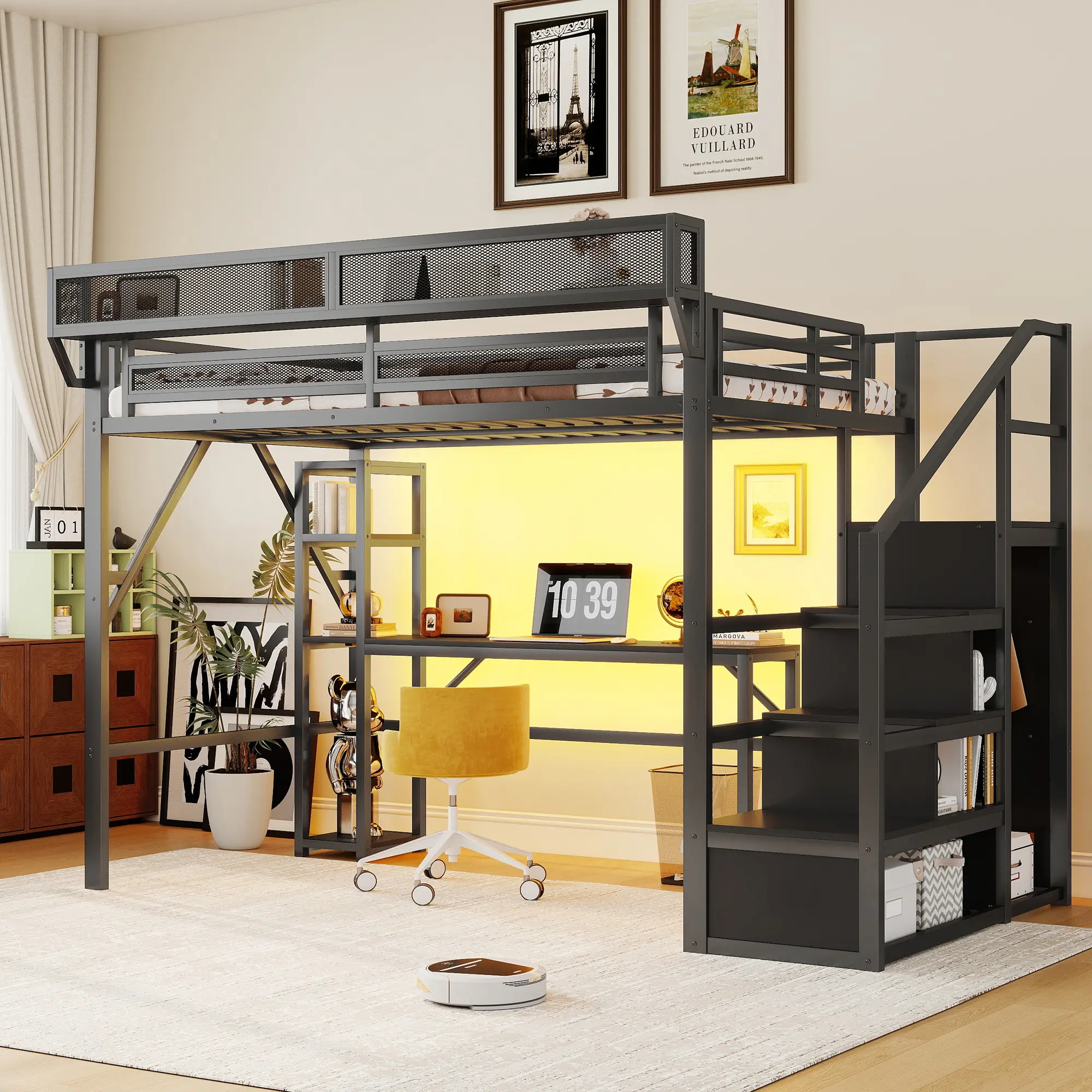 Full Metal Loft Bed with Movable Desk, Wardrobe, Stair Storage, RGB LED Lights, and Charging Station – Black