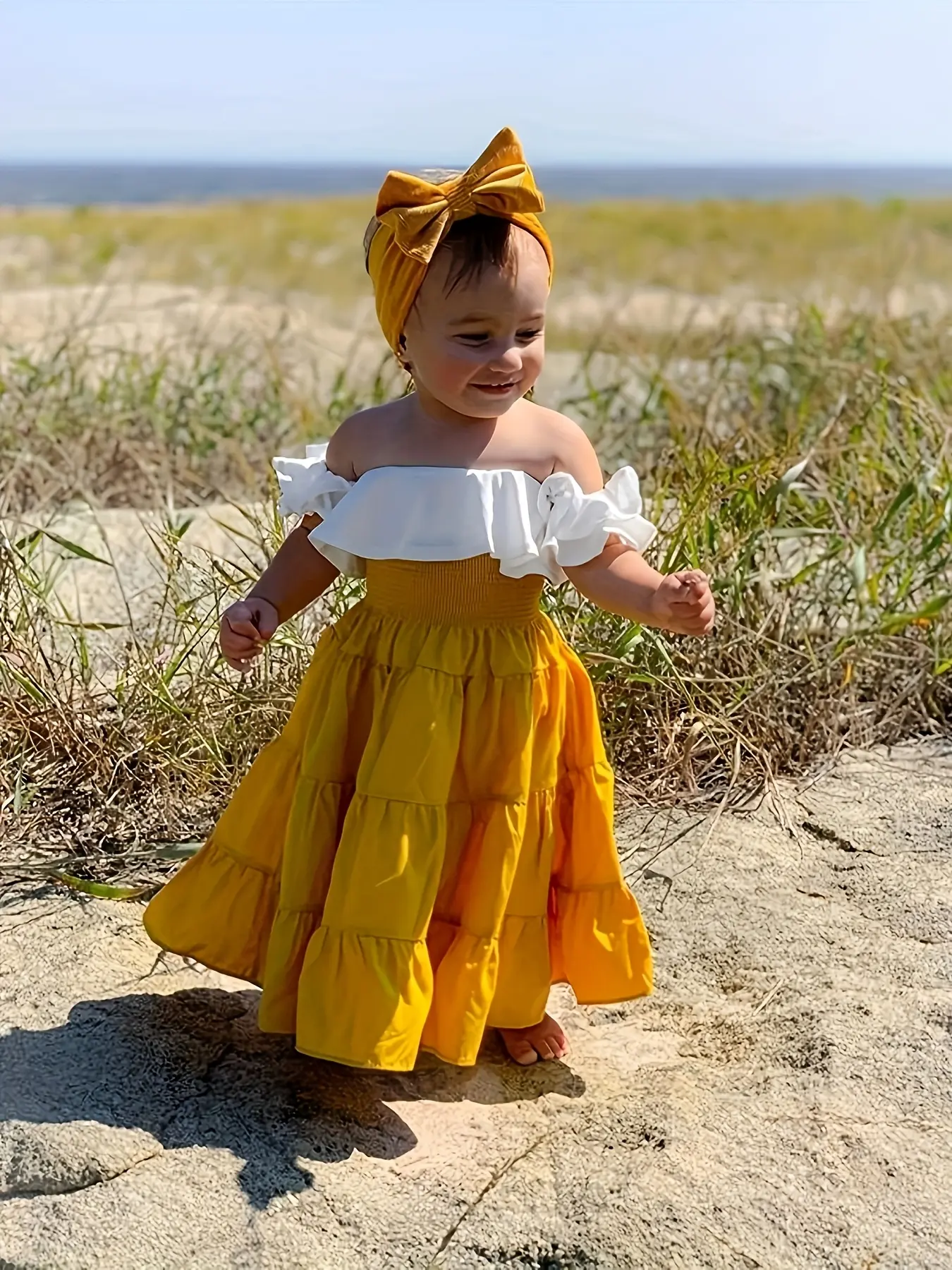 3PCS Toddler Baby Girl Off Shoulder Ruffle Crop Top + Maxi Long Skirt + Headband Outfits Set