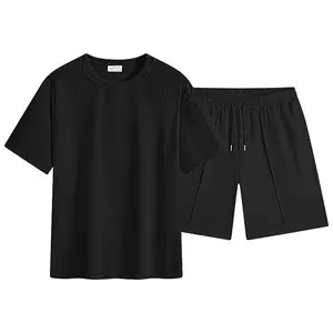 Men’s summer casual athletic set featuring a textured crewneck T-shirt and shorts, suitable for casual vacations and streetwear outings. Shorts have a drawstring design with pockets, made from polyester fiber.#SummerVibes