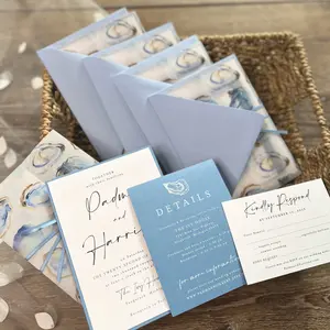 Cape Cod Wedding Invitation Suite - Oyster Beach Seascape Design with Seashell Vellum Jacket and Watercolor Waves