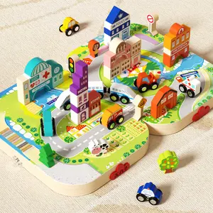 Funny Wooden Track City Building Block Set For Children, Cute Parent-Child Interactive Educational Building Blocks Toy, Develops Creativity & Hand-Eye Coordination, Christmas New Year Birthday Party Gifts For Boys Girls