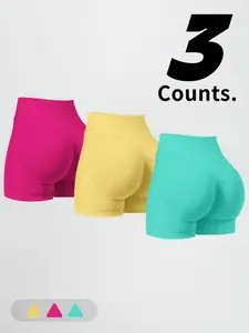 Women's Three-Piece Fitness Shorts Set, Seamless Elastic High-Waisted Yoga Shorts, Tummy Control, Suitable for Gym and Casual Wear